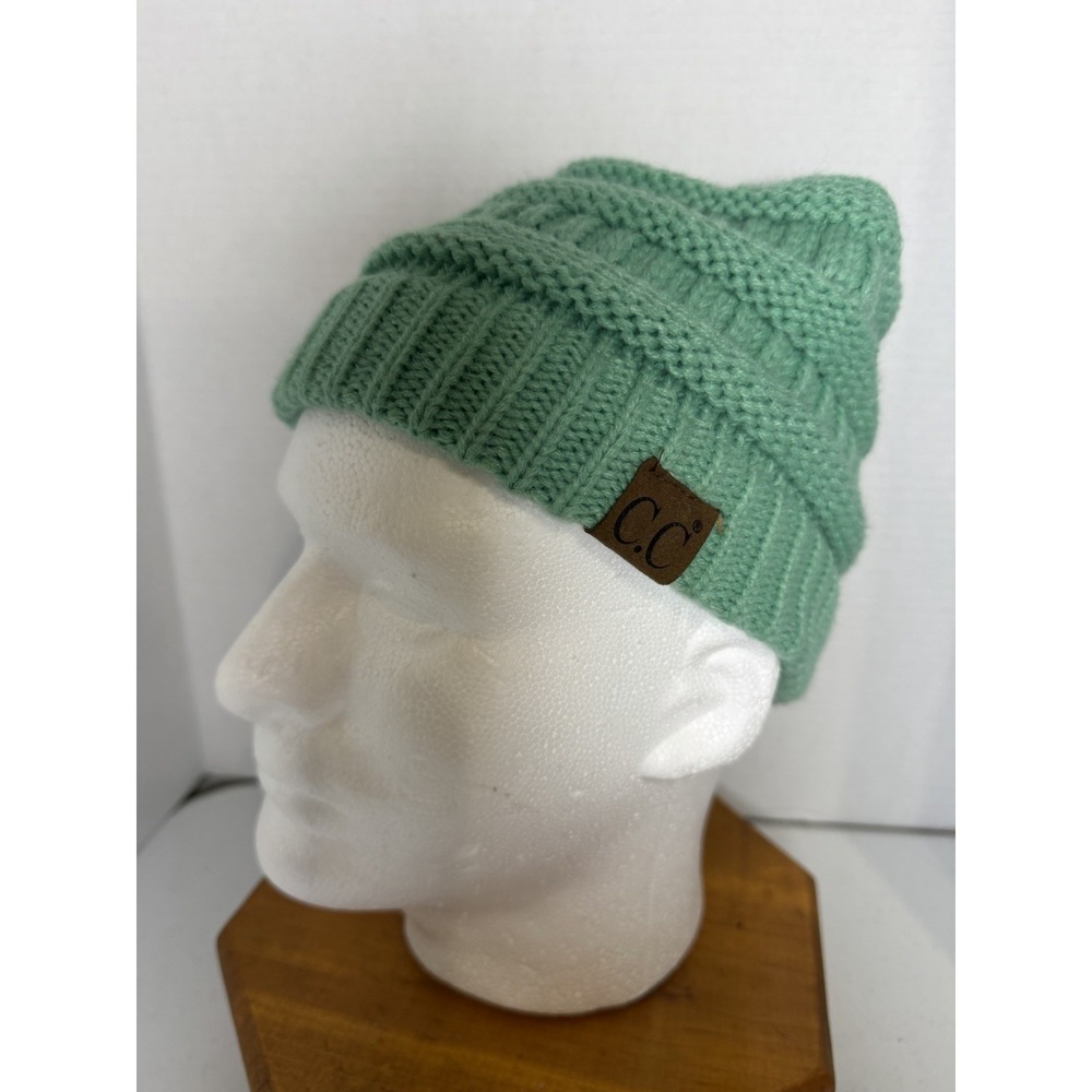 C.C Mintβ Green Knit Beanie Hat Soft Ribbed Cuffed Slouchy One Size Womens